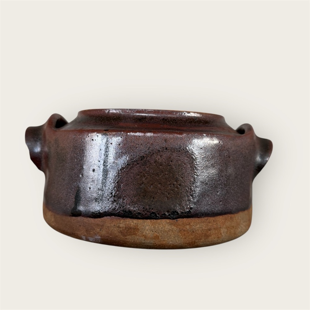 Vintage Antique studio pottery brown salt glaze two side handles signed
